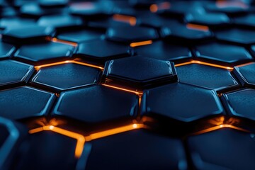 Obraz premium Abstract background with blue glowing hexagons a dark geometric pattern. Futuristic wallpaper with night lights and shadows. Black technology wall design element