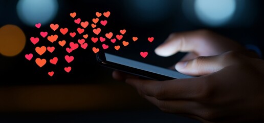 Hands using smartphone with heart icons.