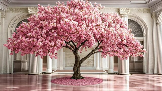 Beautiful cherry blossom tree in an elegant hall with marble columns during the blooming season