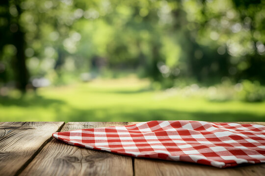 Rustic charm, Wooden table with red checkered cloth against a blurred garden backdrop, perfect for showcasing outdoor picnics and summer gatherings, evoking a sense of warmth and leisure
