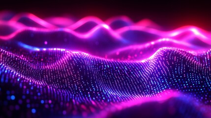 Abstract glowing waves in dark environment with blue and pink lights, digital render