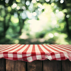 Rustic Picnic Table Setting with Red Gingham Tablecloth and Blurred Green Forest Background, Perfect for Summer Outdoor Dining and Gathering Concepts