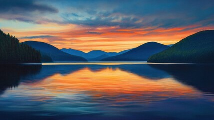 Fototapeta premium Serene lake sunset mountains reflection landscape