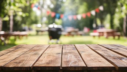 Rustic Wood Tabletop Overlooking Summer Picnic Scene with Grill, Picnic Benches, and Festive Bunting, Perfect for Outdoor Entertaining Promos