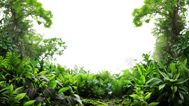 Lush tropical jungle foliage with transparent background creating natural frame