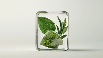 Fresh Green Herbs and Leaves in Clear Ice Cube on White Background