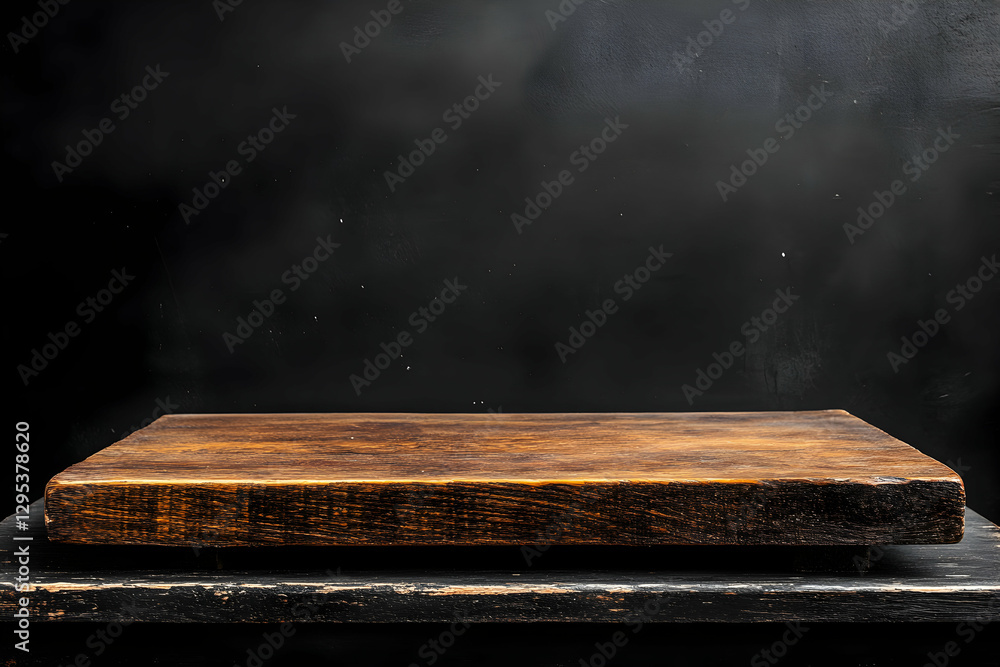 Poster rustic wooden shelf against a dark wall, perfect for product mockups and displaying items in a minim