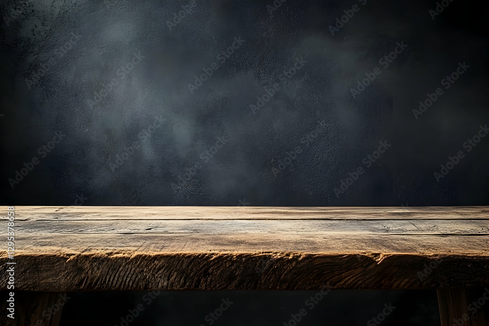 Poster rustic wooden table against a dark textured wall, perfect for showcasing products or adding depth to