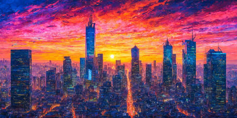 Fototapeta premium Vibrant Sunset over Futuristic Cityscape.