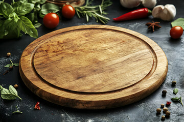 Rustic Wooden Cutting Board Surrounded by Fresh Herbs and Spices for Culinary Food Preparation and Presentation on a Dark Textured Surface Backdrop