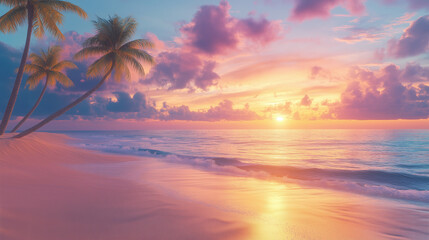 A serene tropical beach with gentle ocean waves, golden sand, and tall palm trees silhouetted against a stunning sunset sky.  