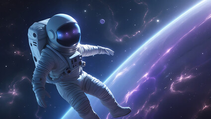 Fototapeta premium A mesmerizing visual representation Spaceman and planet, human in space, shimmering effects that give the impression of depth and dimensionality, created by generative ai