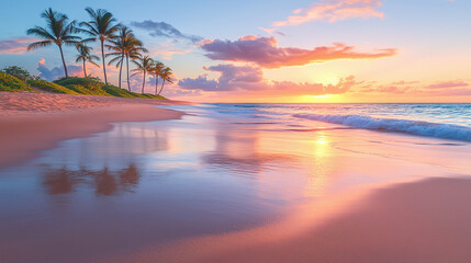 A serene tropical beach with gentle ocean waves, golden sand, and tall palm trees silhouetted against a stunning sunset sky.  