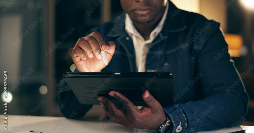 Poster Tablet, black man and working at night in office with business analytics for company with tech. Planning, trading or finance with broker for overtime on internet or searching app with trader.