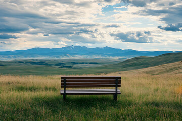 Scenic Vista from a Lonely Bench, Serene Mountain Landscape with Cloudy Sky and Tranquil Meadow for Contemplation and Relaxation
