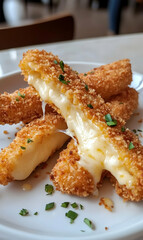 Delicious Fried Mozzarella Cheese Sticks with Melted Cheese and Herbs on a White Plate