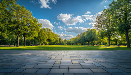 Scenic Serenity, A Tranquil Park Landscape with Lush Greenery, Clear Blue Skies, and a Paved Pathway Inviting Exploration and Relaxation in a Natural Oasis