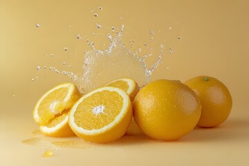 Juicy Oranges Splashing Water Droplets