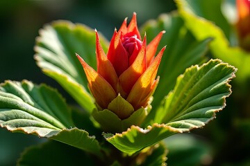 Closeup of Vibrant Red and Orange Flower Bud with Green Leaves