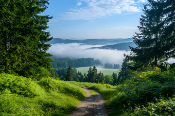 Obraz premium Scenic Vista of Fog-Shrouded Valleys and Verdant Forests, A Tranquil Escape into Nature's Serenity, Offering Breathtaking Views and Inviting Exploration