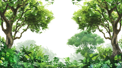 Lush green jungle foliage framing transparent background with copy space
