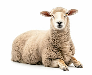 Obraz premium Serene Sheep Portrait, A Detailed Close-Up of a Resting Farm Animal on White Background, Highlighting its Wool and Gentle Expression in Studio Lighting