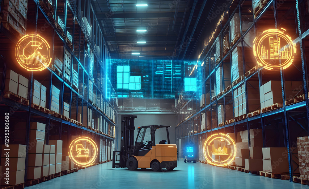 Poster smart warehouse automation, forklift and autonomous vehicle integrating technology for efficient inv