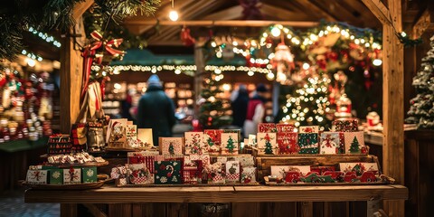 Festive Christmas market selling handcrafted greeting cards.