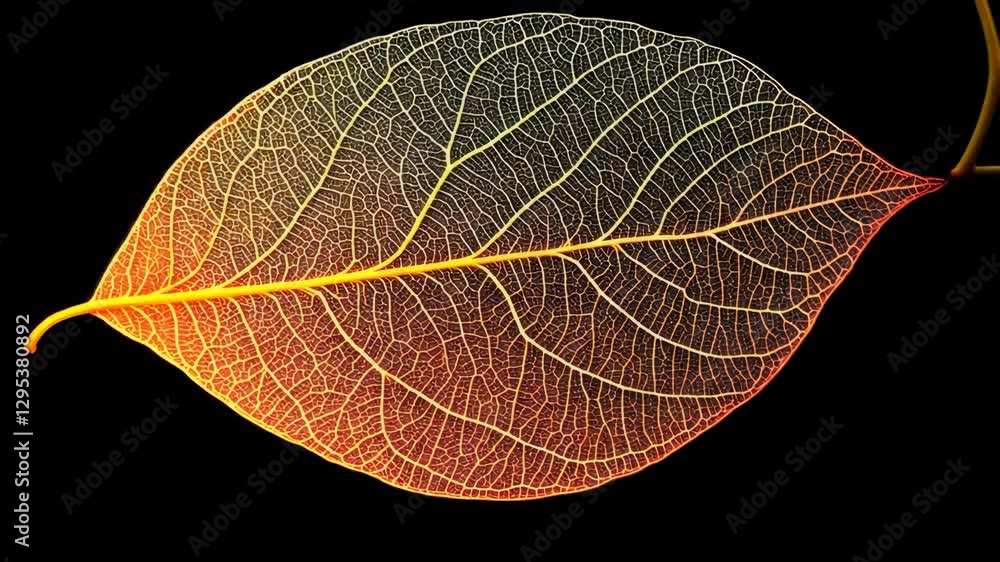 Poster Transparent leaf displaying intricate vein patterns illuminated by soft light against a dark background