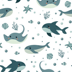 Cute children background with stingray, whale ,shark, fish and corals . Under the sea seamless pattern, water animal character, ocean fauna. Flat vector design. Underwater. textile. fabric