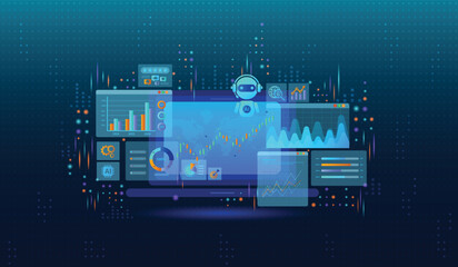 An analyst for data business analysis and Data Management System icons concept with KPI and metrics connected to the database for technology finance, operations, sales, marketing and customer service.