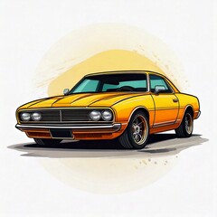 Yellow muscle car logo illustration in a simple and clean flat art style on isolated white