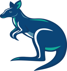 A strong kangaroo logo in cool colors, featuring geometric shapes and clean lines, with direct harsh shadows creating balance, symmetry, and visual clarity against a white background, using blues