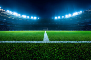 Spectacular view of a soccer stadium illuminated at night, showcasing the vibrant green field, bright floodlights, and the excitement of the sport, waiting for fans