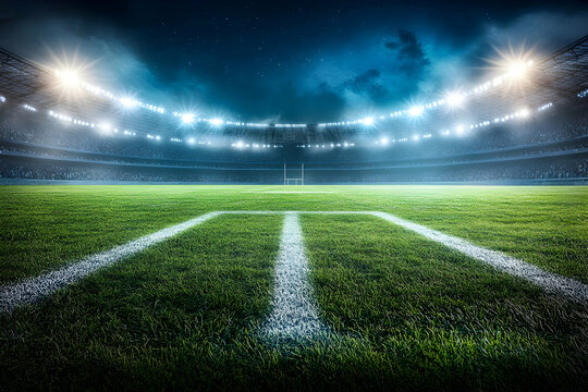 Spectacular Nighttime View of a Rugby Stadium with Bright Floodlights Illuminating the Lush Green Field and a Starry Sky Above, Filled with Anticipation
