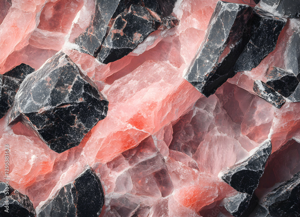 Poster striking contrast, an intricate tapestry of rose quartz and obsidian textures creating an abstract a
