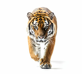 Fototapeta premium Striking Portrait of a Majestic Tiger Walking Forward on Clean White Background, Showcasing the Power and Beauty of this Endangered Predator in High Detail