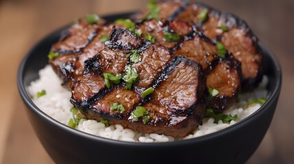 Fototapeta premium Delicious Grilled Beef Steak with Rice Bowl