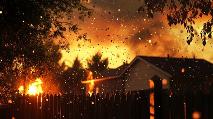 Obraz premium Embers floating in the air as flames rage dangerously close to residential fences. picture
