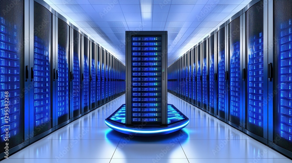 Poster futuristic server room with blue lighting and rows of data servers.