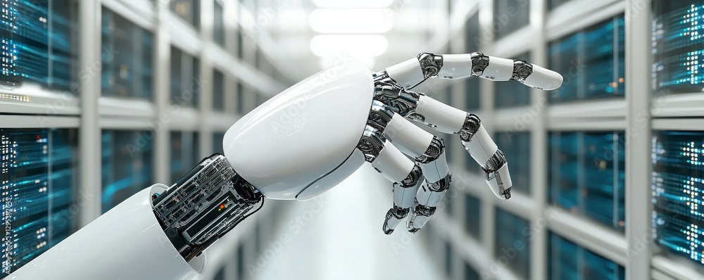 Poster robotic hand reaching out in a high-tech data center.
