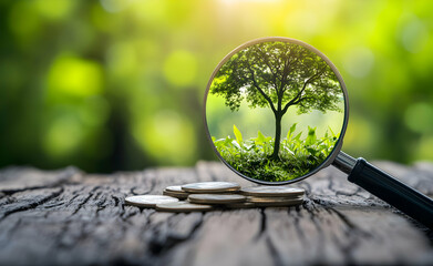 Sustainable Investment, Examining growth potential through a magnifying glass, emphasizing environmental, social and governance factors in financial decisions