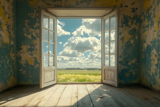 An open door looking out over a scenic field and sky