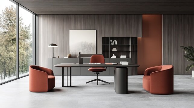 A minimalist office design with modular furniture and large windows for natural light. picture