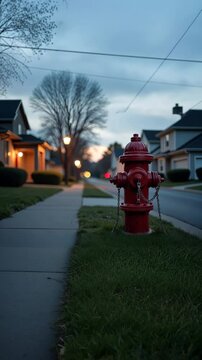 A red fire hydrant is on the sidewalk. It is chained to the ground. The hydrant is in front of a house