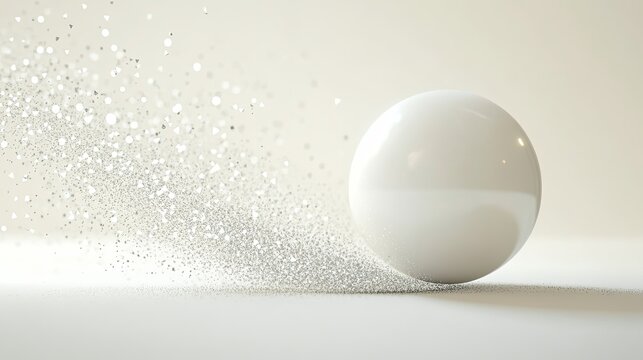 A futuristic sphere emitting soft light, surrounded by geometric particles on white. picture
