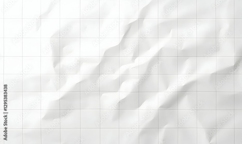 Poster textured white grid, dynamic wrinkles and folds on a graph paper surface for modern designs and crea