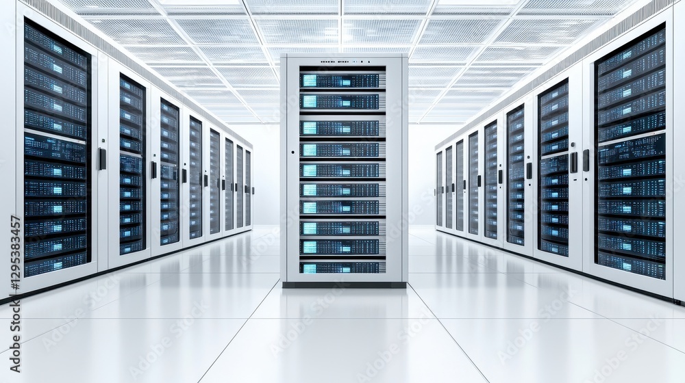Poster data center with rows of servers in a modern, bright environment.
