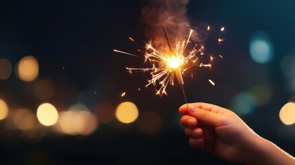 Hand holding lit firecracker with spark against blurred background