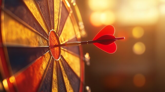Dart hitting bullseye on a dartboard.